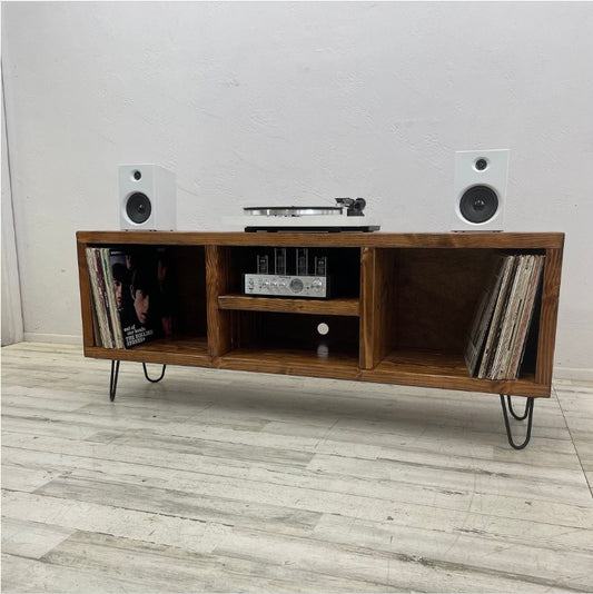 Wood vinyl record storage cabinet with turntable on top and open record storage