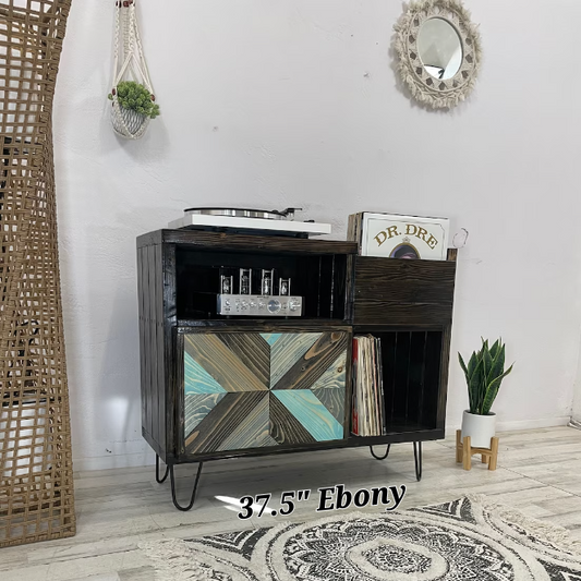 Vinyl record cabinet in dark wood with open shelves and patterned door