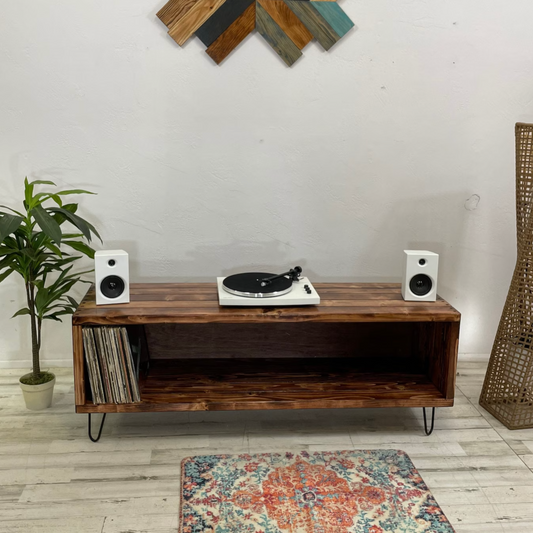 Widebody Record Storage 60" long by 17.5" depth 16" wooden height in the red oak stain handmade vinyl record storage and record player stand