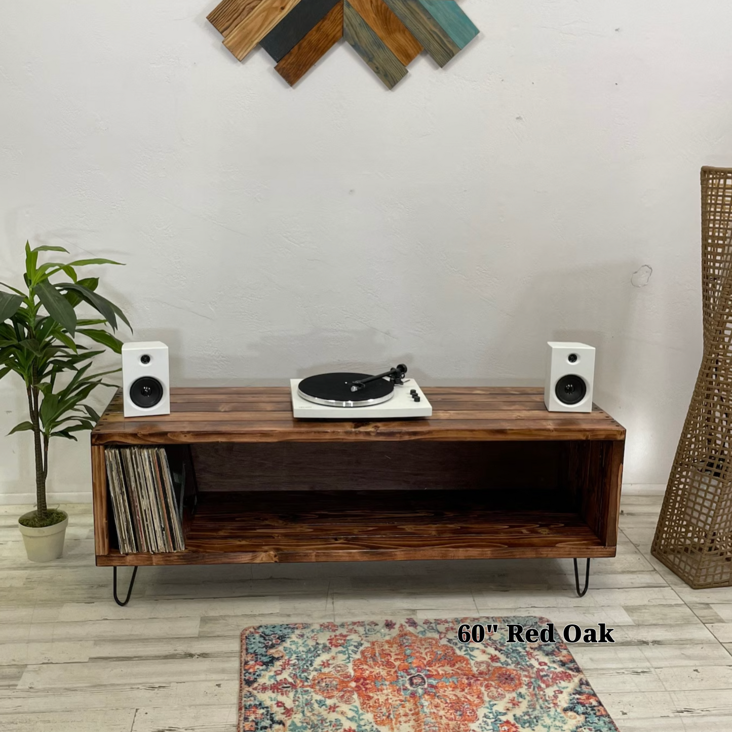Widebody Record Storage 60" long by 17.5" depth 16" wooden height in the red oak stain handmade vinyl record storage and record player stand- red oak text