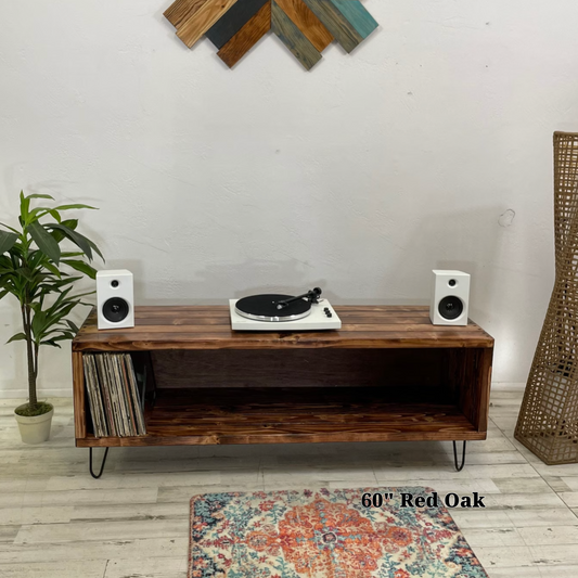 Widebody Record Storage 60" long by 17.5" depth 16" wooden height in the red oak stain handmade vinyl record storage and record player stand- red oak text
