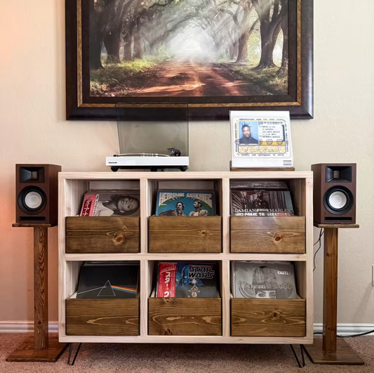 Vinyl record storage cabinet with six drawers for vinyl records, white frame with wood fronts