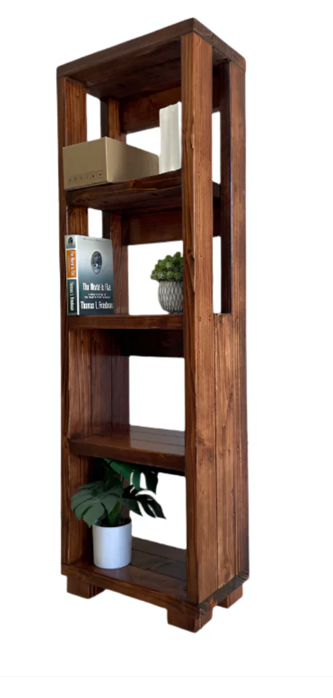 Dark wood open-shelf bookcase with three tiers and side panels