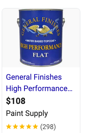 Blue and gold 'General Finishes' flat finish water-based paint can