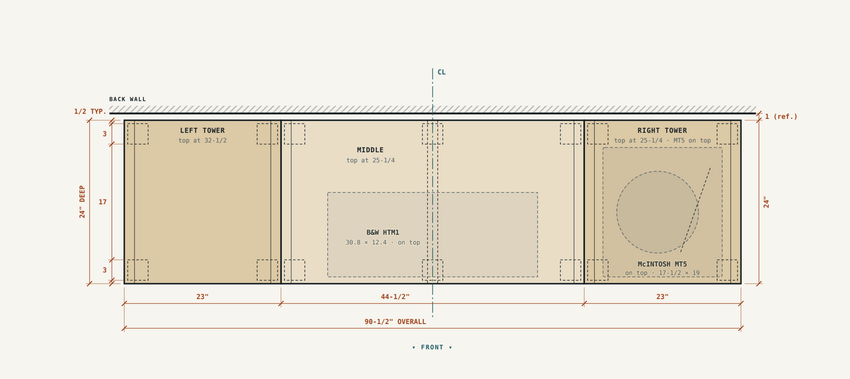 TV console front elevation diagram with left and right tower bays and center niche