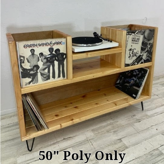 Wood vinyl record storage cabinet with open shelves, black metal legs, turntable setup