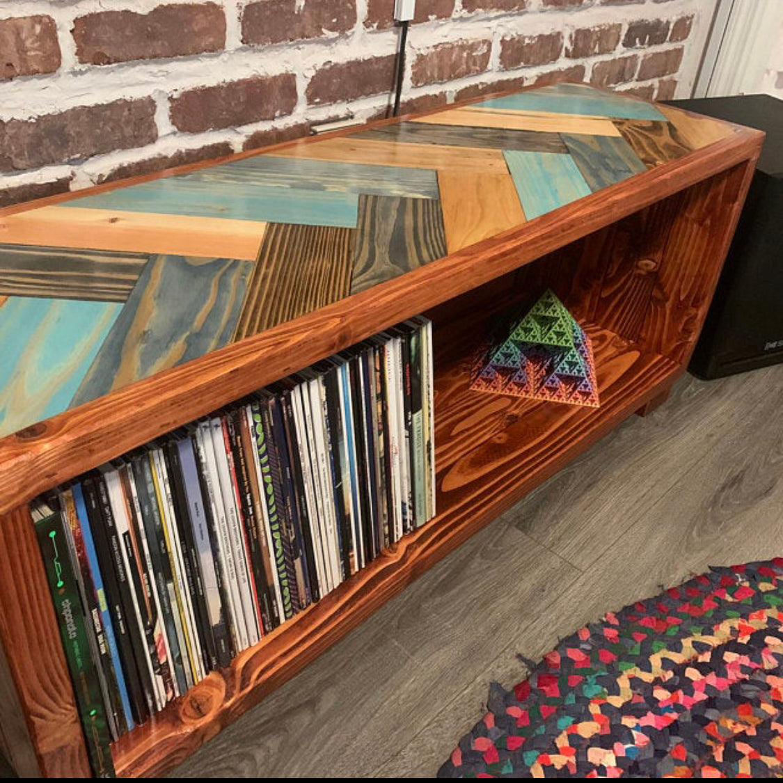 Blues Herringbone Vinyl Record Storage with the Honey stain on the body