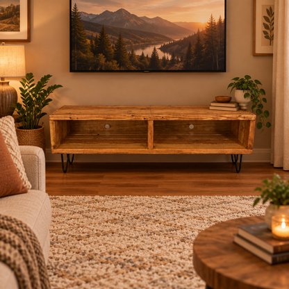Wooden TV stand with open shelf and black metal legs, rustic slatted top