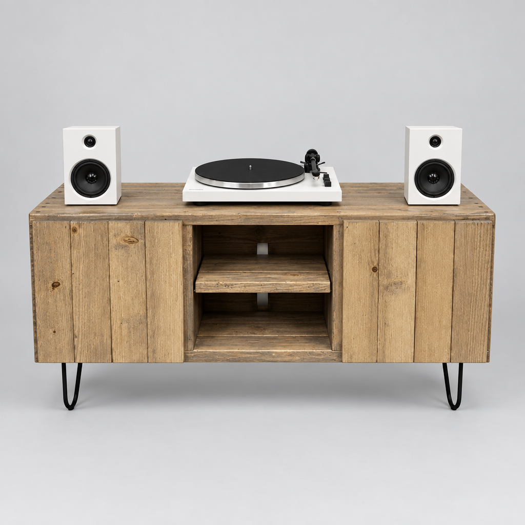 Solid wood vinyl record cabinet with open shelves and front doors, light wood finish