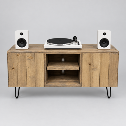 Solid wood vinyl record cabinet with open shelves and front doors, light wood finish