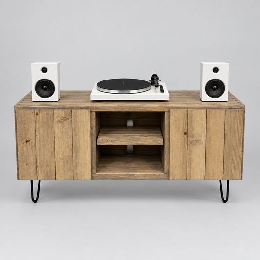Solid wood vinyl record cabinet with open shelves and front doors, light wood finish