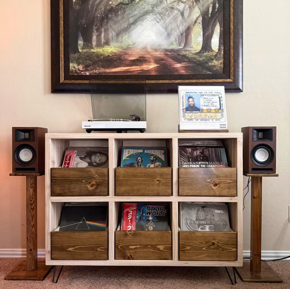 Vinyl record storage cabinet with six drawers for vinyl records, white frame with wood fronts