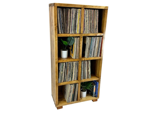 Vinyl record storage cabinet with 8 open shelves, angled view