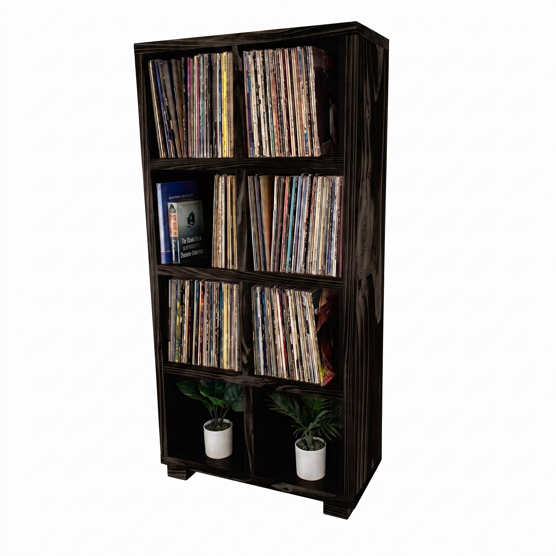Blackened wood vinyl record storage cabinet with open cubbies and stacked vinyl records