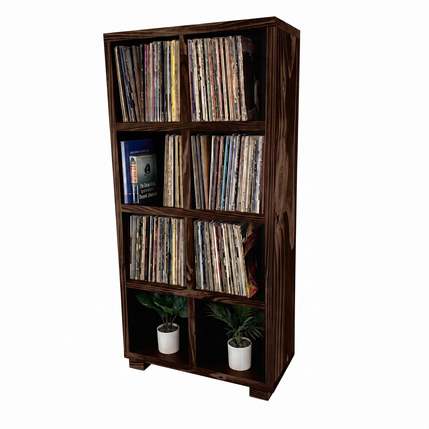 Deep brown vinyl record storage cabinet with open cubbies and stacked vinyl records