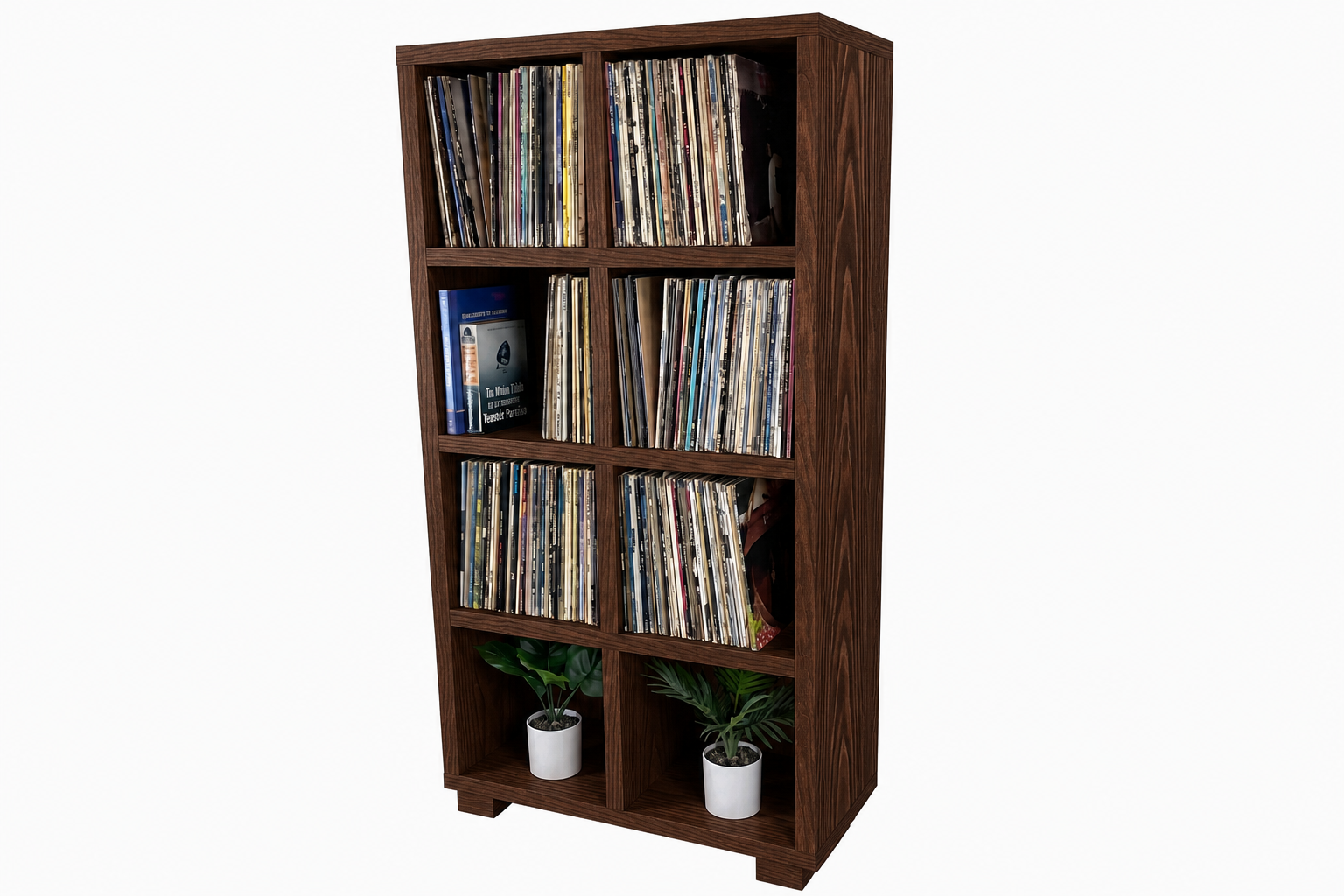 Dark brown vinyl record storage cabinet with open cubbies and vinyl records inside