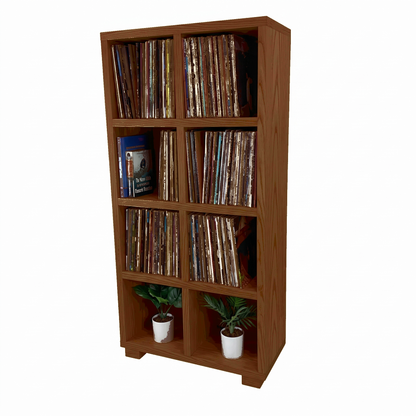 Vinyl record storage cabinet in medium wood with four open shelf rows