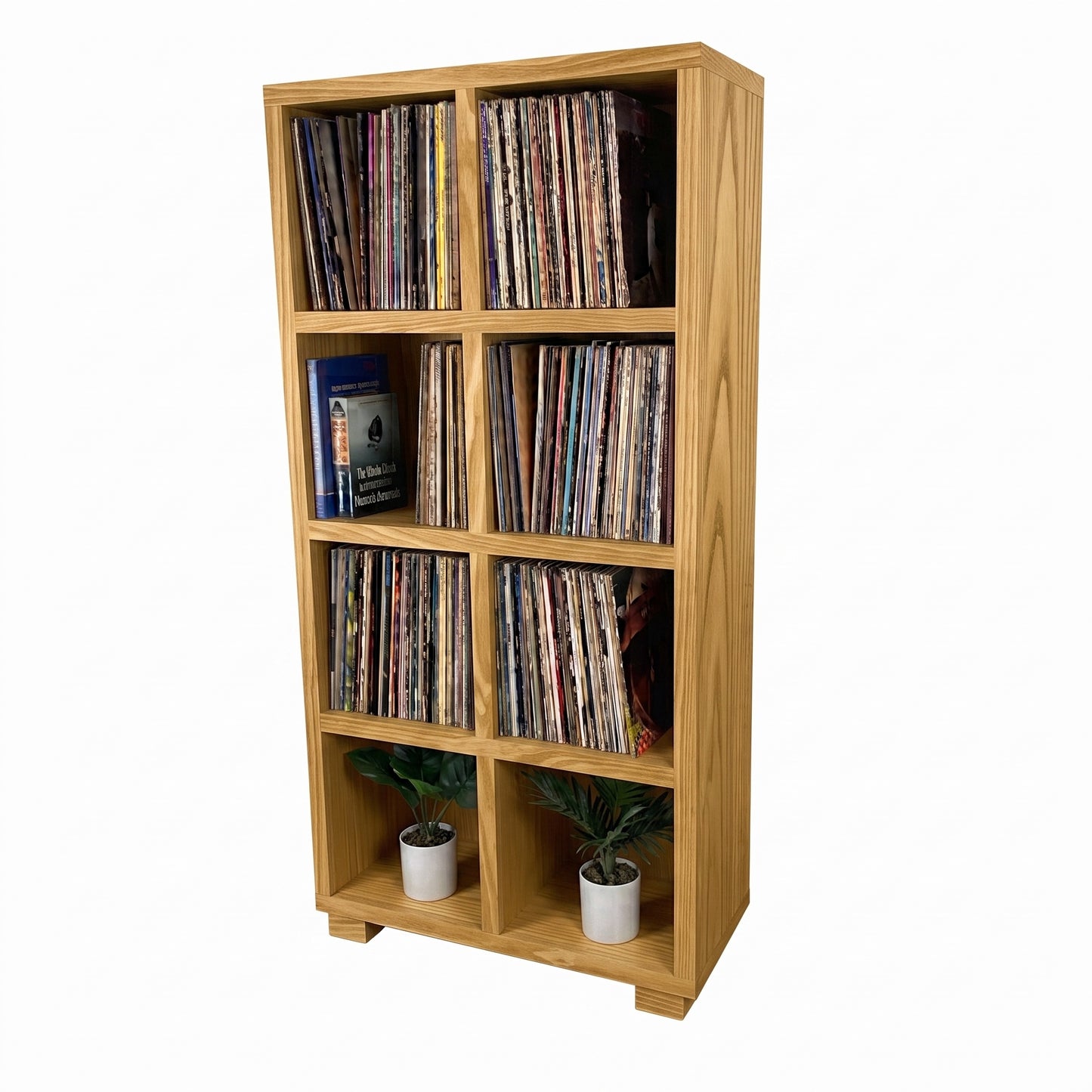 Natural wood vinyl record storage cabinet with open cubbies and stored vinyl records