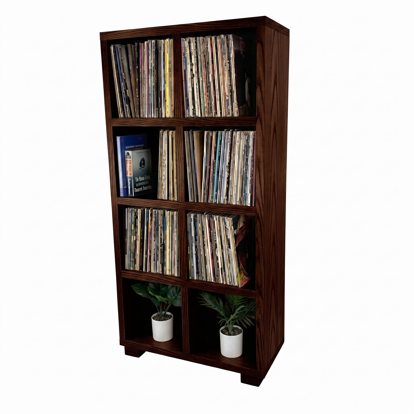 Dark walnut vinyl record storage cabinet with open cubbies and stacked vinyl records