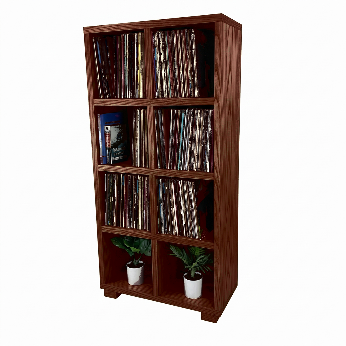Vinyl record storage cabinet in dark wood with four open shelf rows