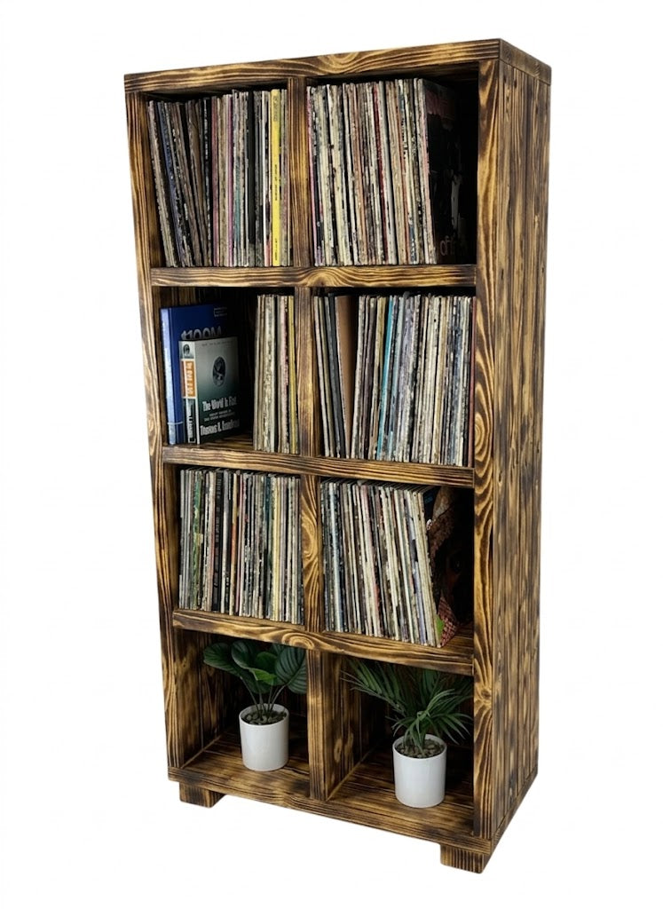 Wooden vinyl record storage cabinet with 8 open cubby slots, dark walnut finish