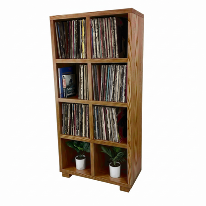 Vinyl record storage cabinet in light wood with four open shelf rows