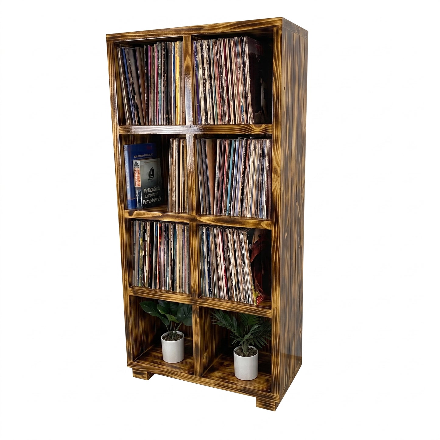 Golden finish vinyl record storage cabinet with open cubbies and stored vinyl records