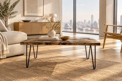 Bench table with wooden top and black metal legs