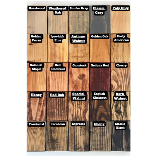 Classic Stain Chart of the free wood stains we offer. From grays (weathered oak and classic gray), to natural (poly only), to light walnut (antique walnut), reddish woods (sedona red and our most popular Honey), Dark walnut- browns, and Classic black