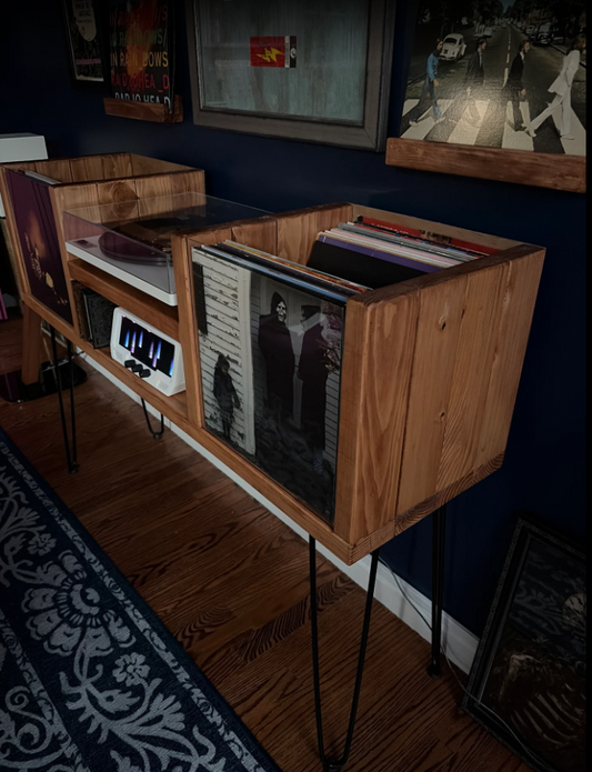 Walnut vinyl record storage console with flip-down compartments and open top