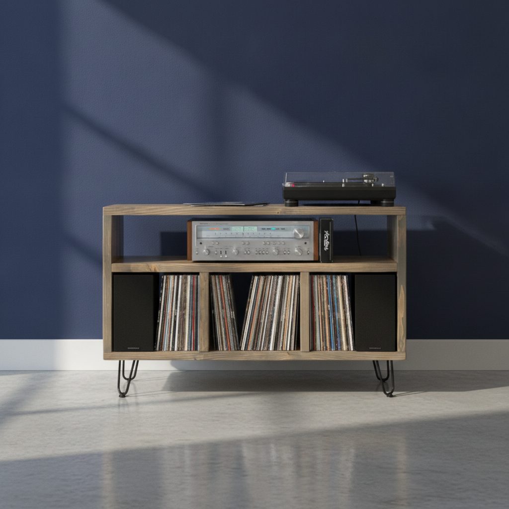 Light wood vinyl record storage cabinet with open shelf and black side panels