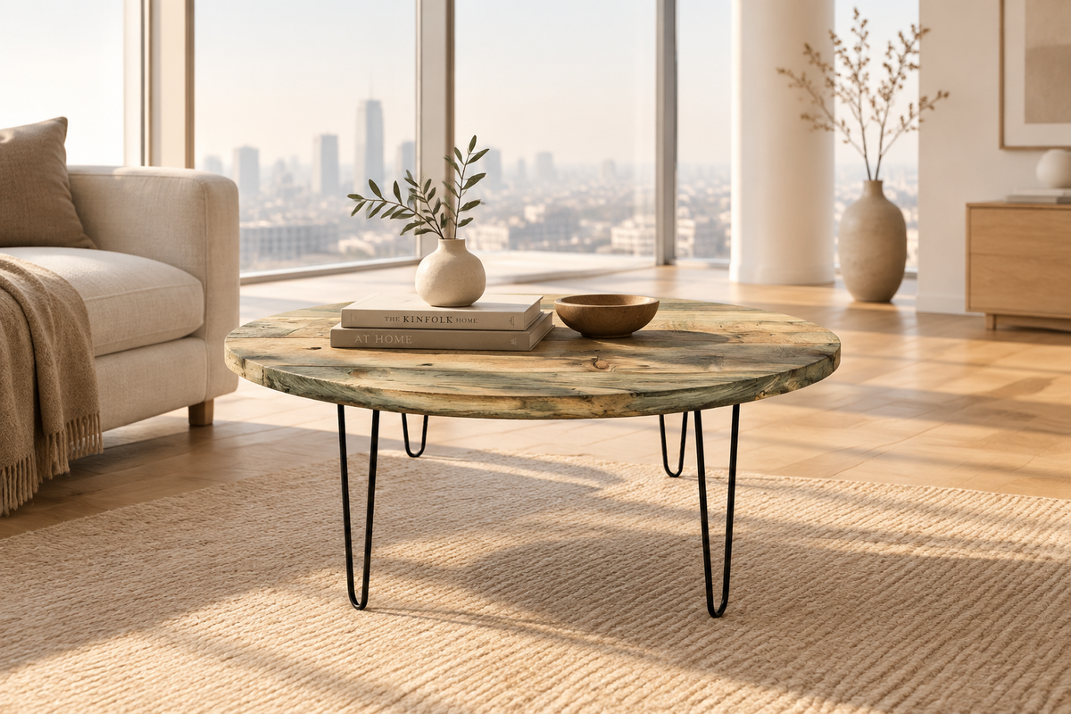 Oval coffee table with green veined top and black metal legs