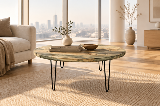 Oval coffee table with green veined top and black metal legs