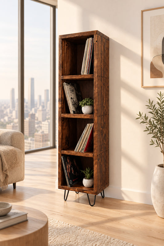 4-tier vinyl record storage shelf in dark wood with open shelves and metal legs