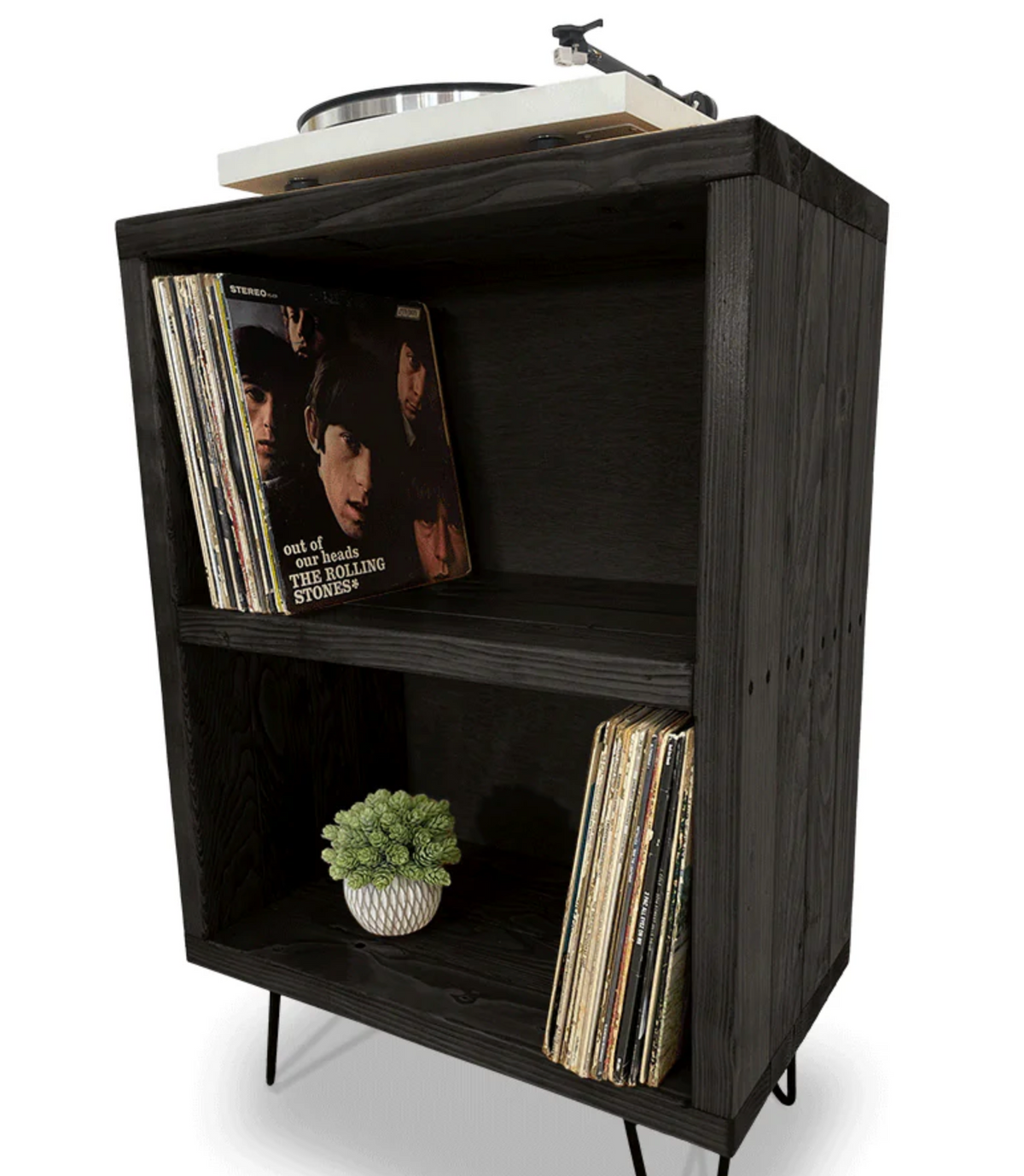 Dark wood 2-tier record shelf with open compartments and two short block legs