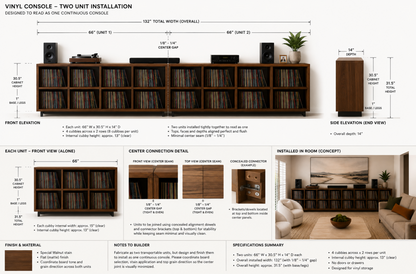 Vinyl console installation blueprint with dimensions and elevation diagram