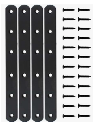Black metal mounting straps and screws, with evenly spaced holes