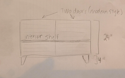 Custom trapezoid corner shelf unit layout sketch with interior shelf and size markings