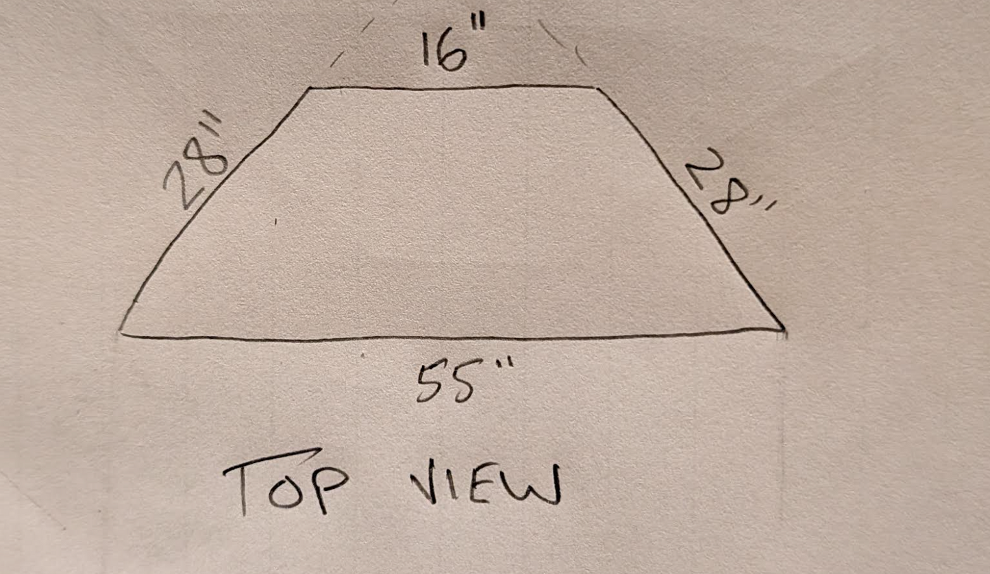 Trapezoid corner shelf unit top-view sketch with labeled 16 in and 55 in dimensions