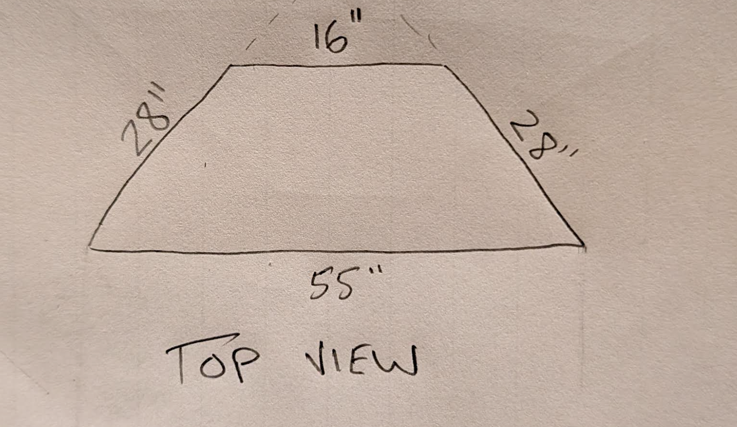 Trapezoid corner shelf unit top-view sketch with labeled 16 in and 55 in dimensions