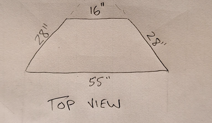 Trapezoid corner shelf unit top-view sketch with labeled 16 in and 55 in dimensions