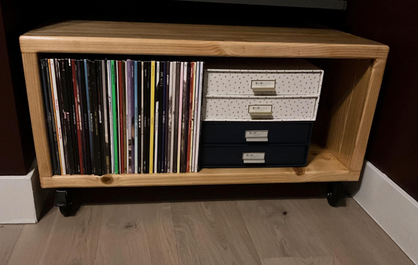 Wood media storage cabinet with open shelf and drawer bins for CDs or records
