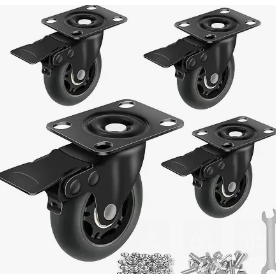 Set of black swivel caster wheels with mounting plates and brake hardware