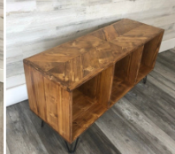 Wooden storage bench with open compartments and angled leg supports