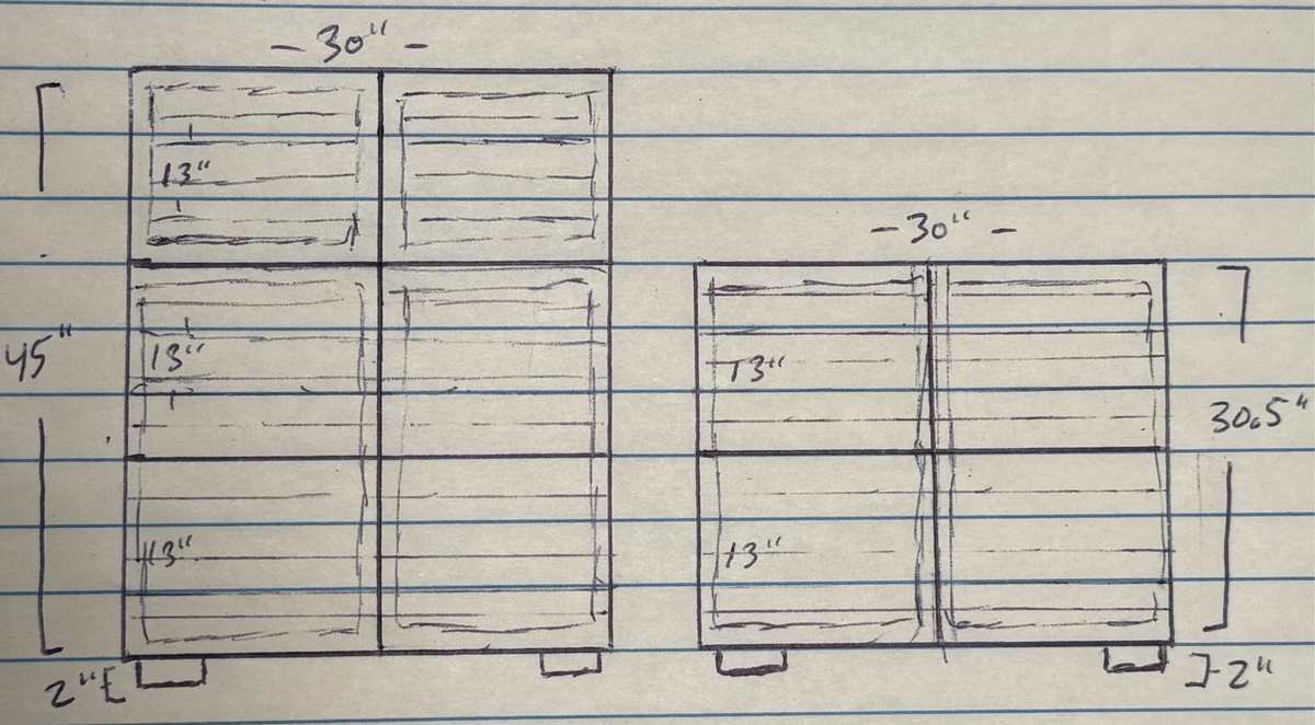 Blueprint-style layout of custom storage units with multiple cabinet sections