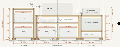 Custom TV console layout diagram with built-in components and removable plank