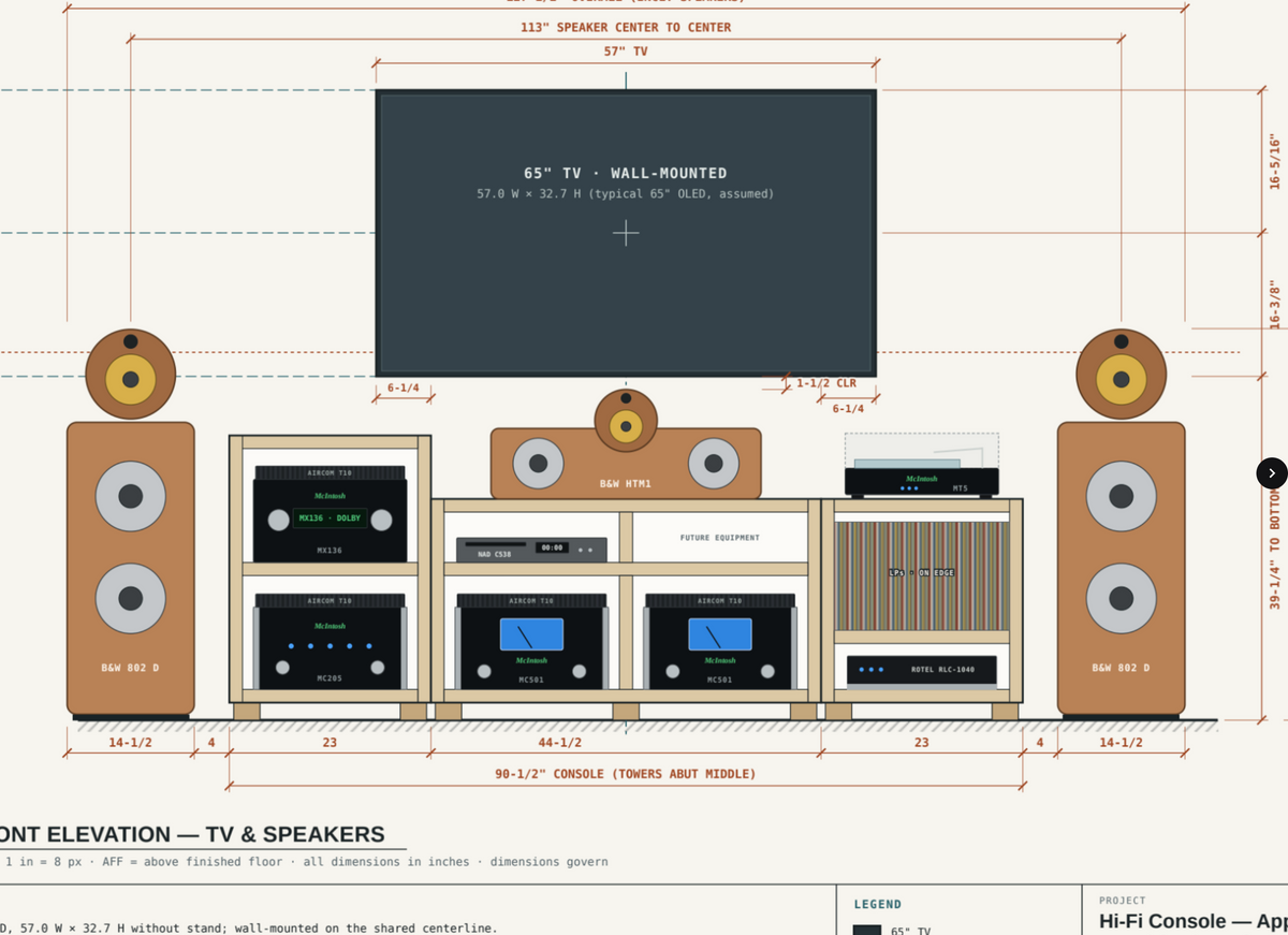TV console elevation plan showing wall-mounted unit with speakers and shelves