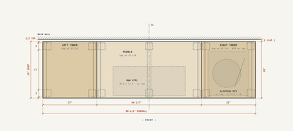 TV console front elevation diagram with left and right tower bays and center niche
