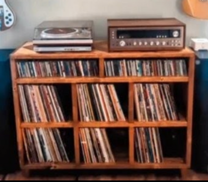 David CD and vinyl record storage rack, open front wooden shelves
