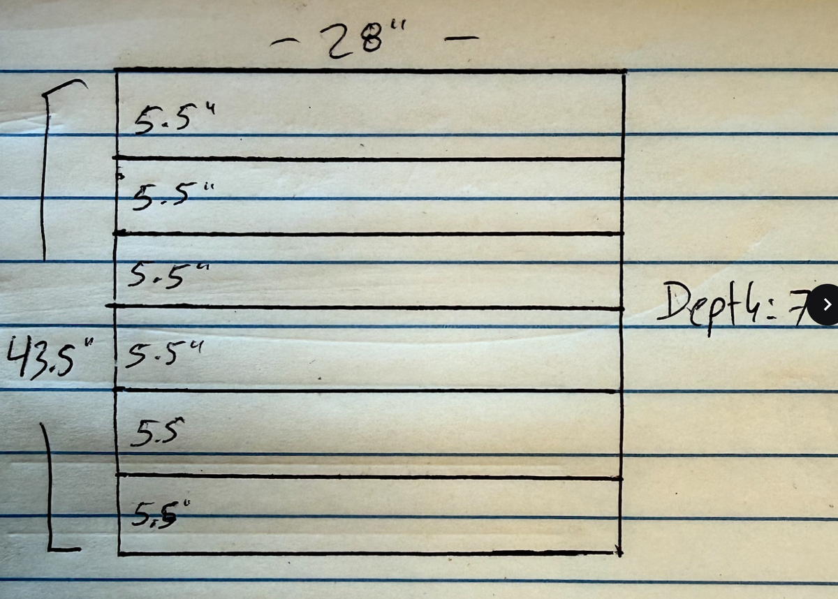 Hand-drawn CD storage layout sketch with compartment measurements